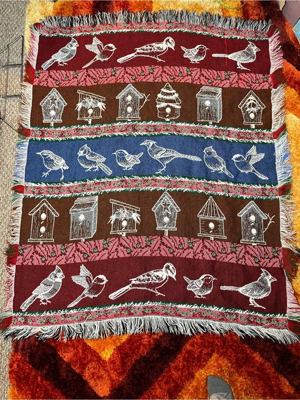 Vintage Bird & Birdhouse Holiday Throw Blanket - Red, Blue, Green